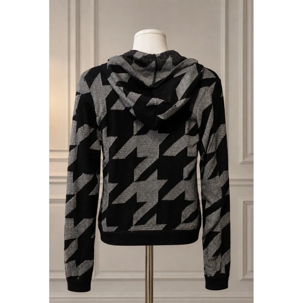 AQ Sport Girls Size L Black Gray Houndstooth Full Zip Hooded Jacket